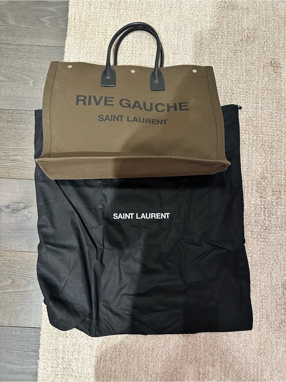 Saint Laurent Olive Canvas Rive Gauche Tote with Black Handles